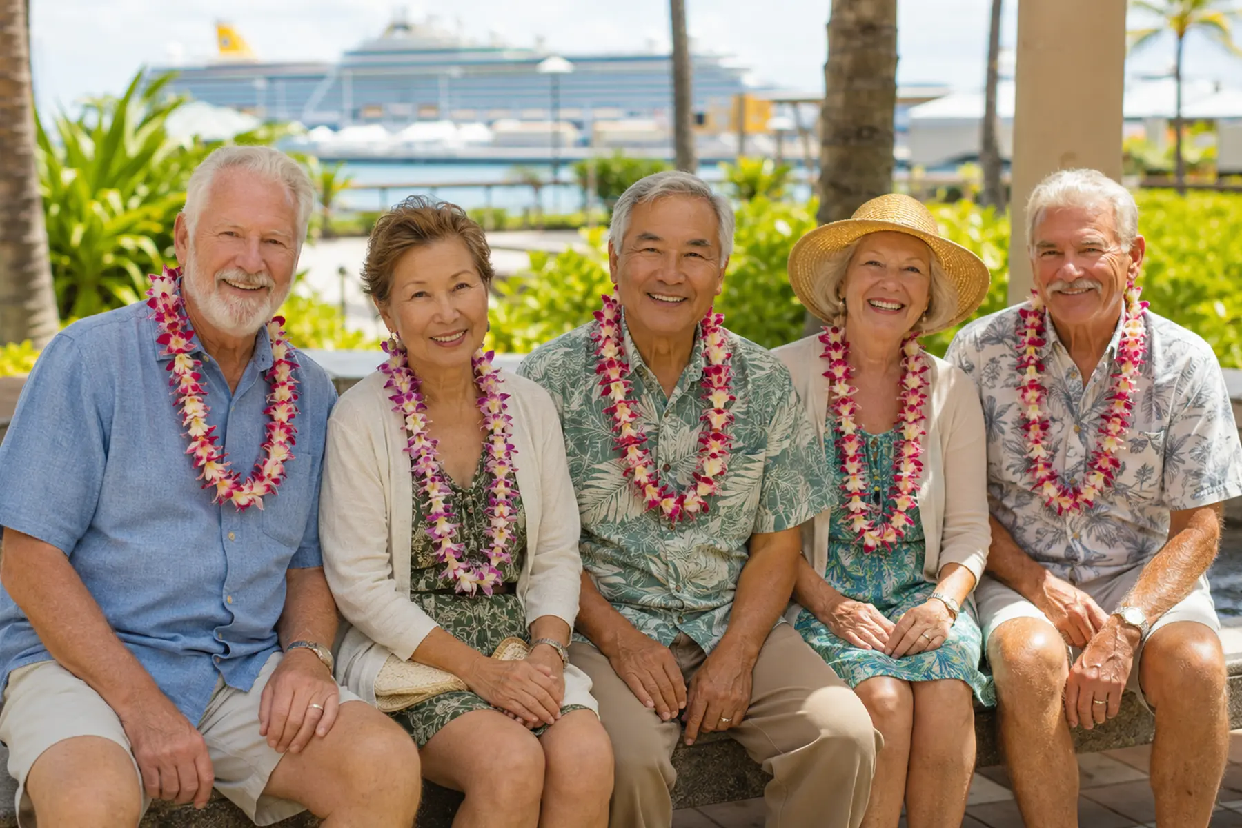 Five senior cruise travelers wearing flower leis before their private Oʻahu tour