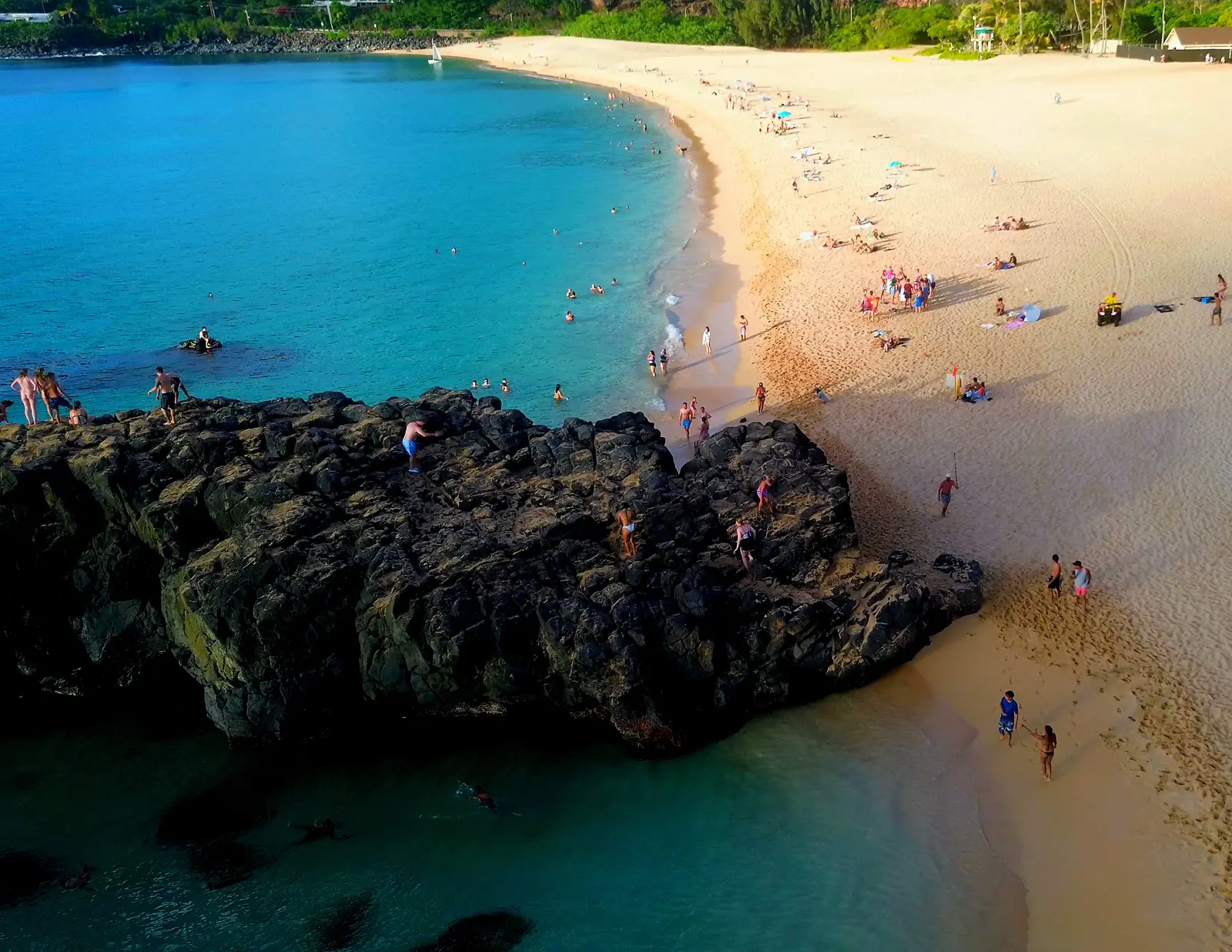 Aerial view of Waimea Bay and its famous rock