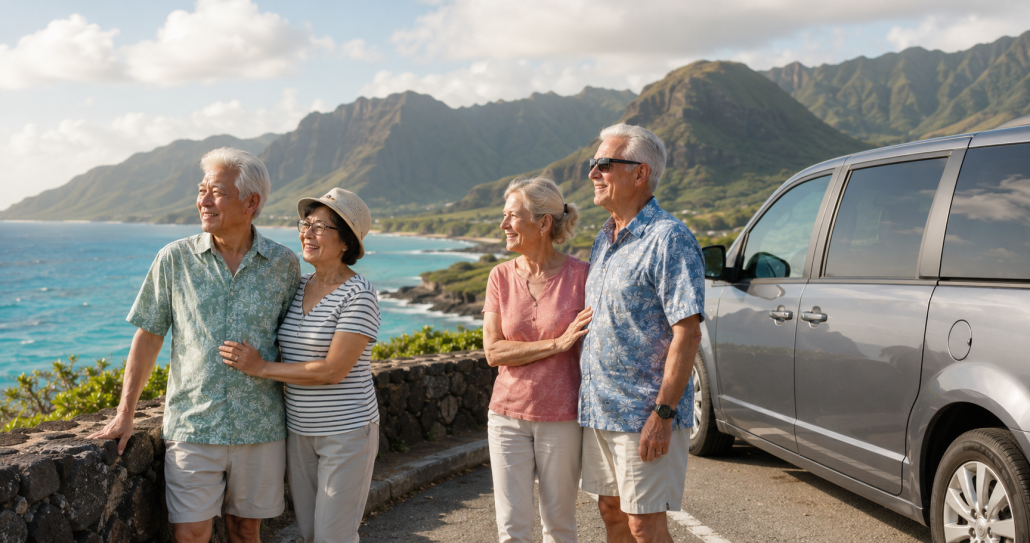 Four senior travelers enjoying a comfortable private Oʻahu tour at a coastal viewpoint