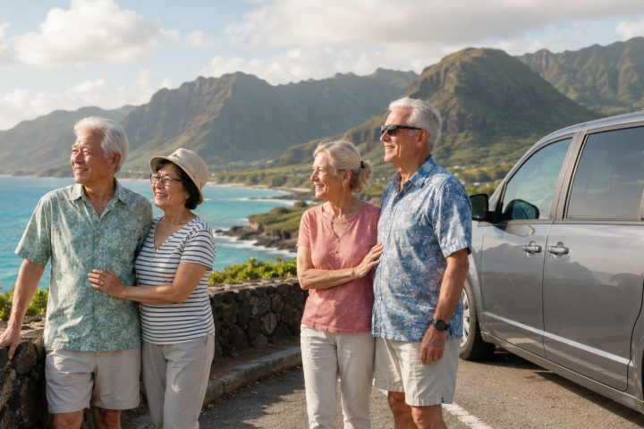 Four senior travelers enjoying a comfortable private Oʻahu tour at a coastal viewpoint