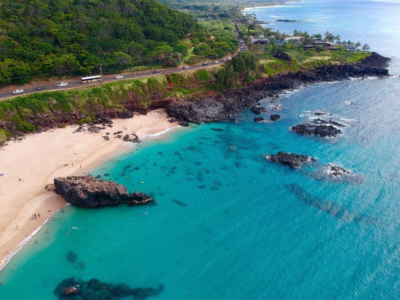 Aerial view of Waimea Bay on Oahu in calm summer conditions
