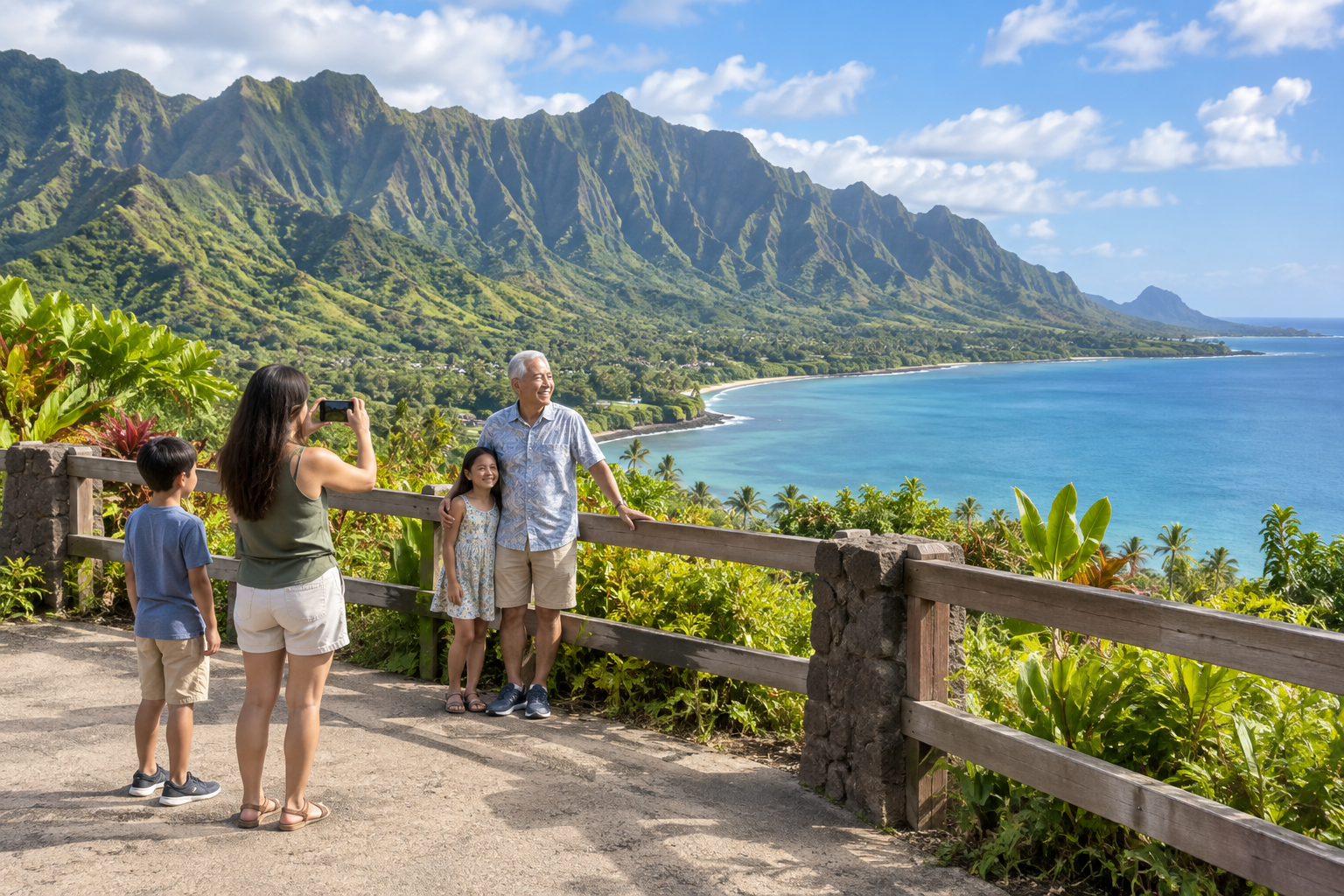AI illustration of a family enjoying mountain and coastal sightseeing.