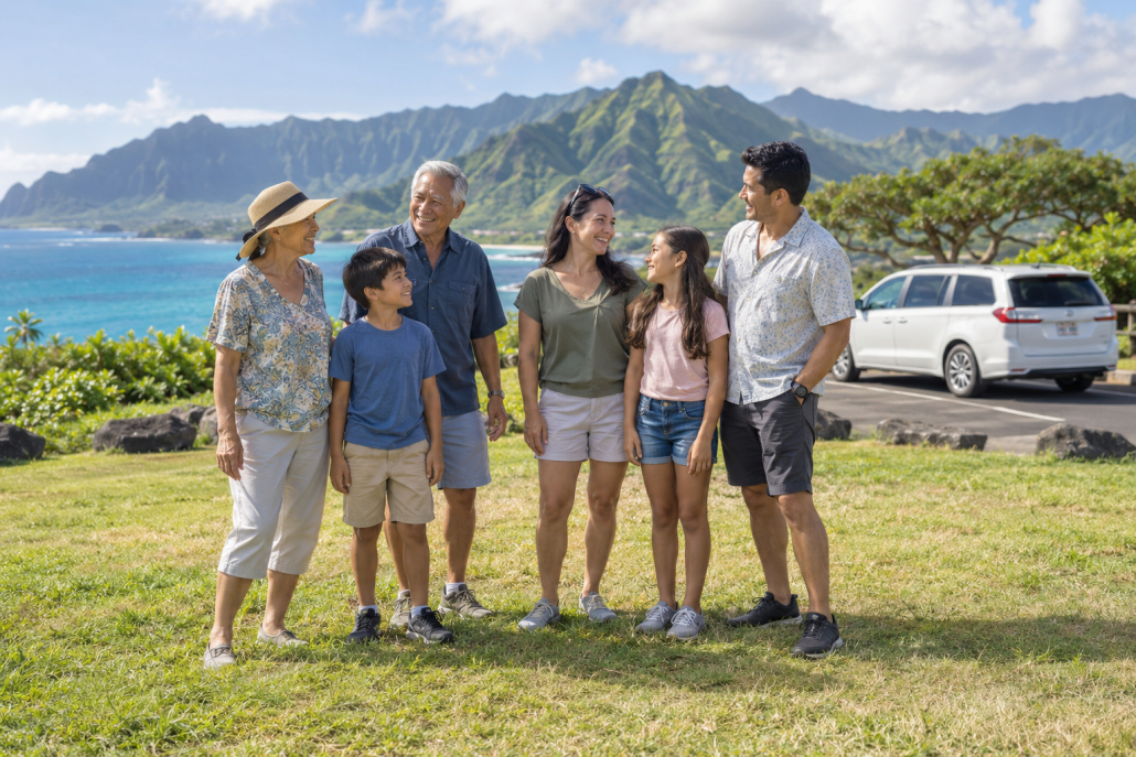 AI illustration of a multigenerational family beside a private tour minivan.