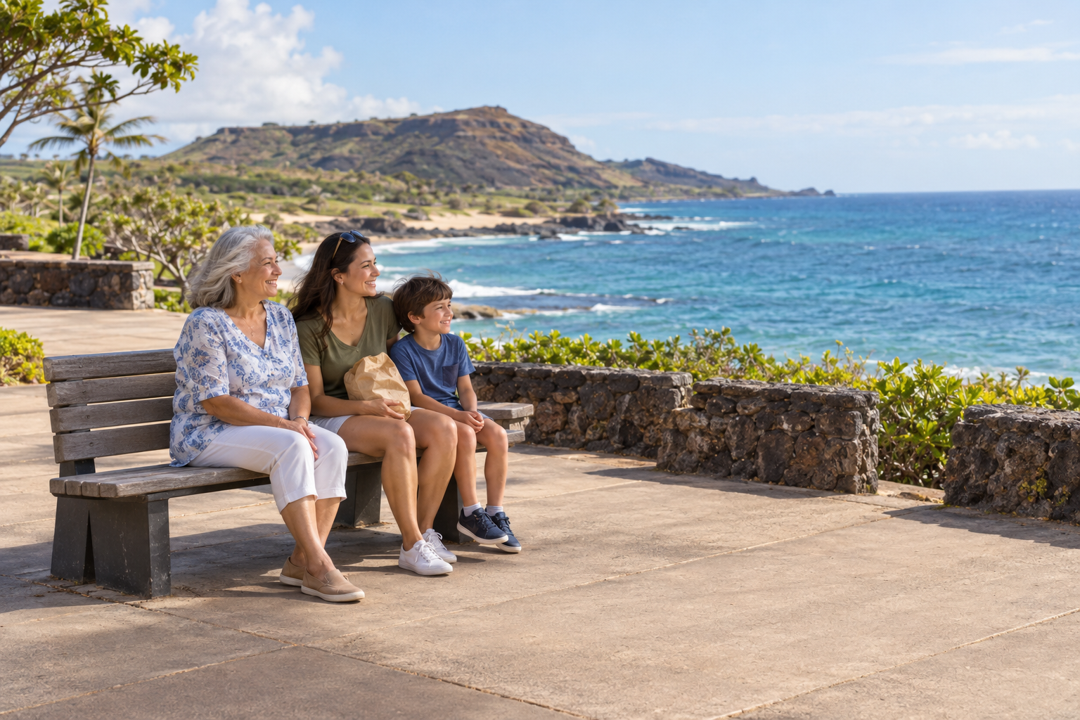 AI illustration of a family relaxing at a coastal viewpoint.