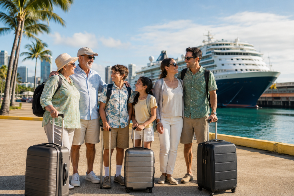 Multigenerational cruise family with luggage beginning a private Oʻahu tour in Honolulu