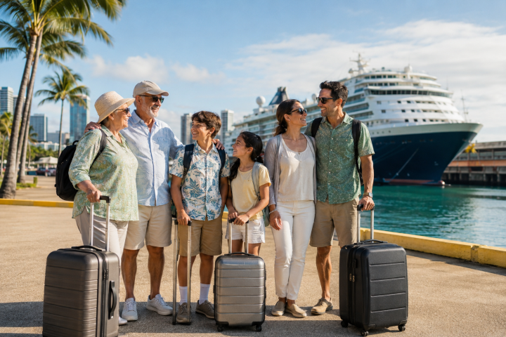 Multigenerational cruise family with luggage beginning a private Oʻahu tour in Honolulu