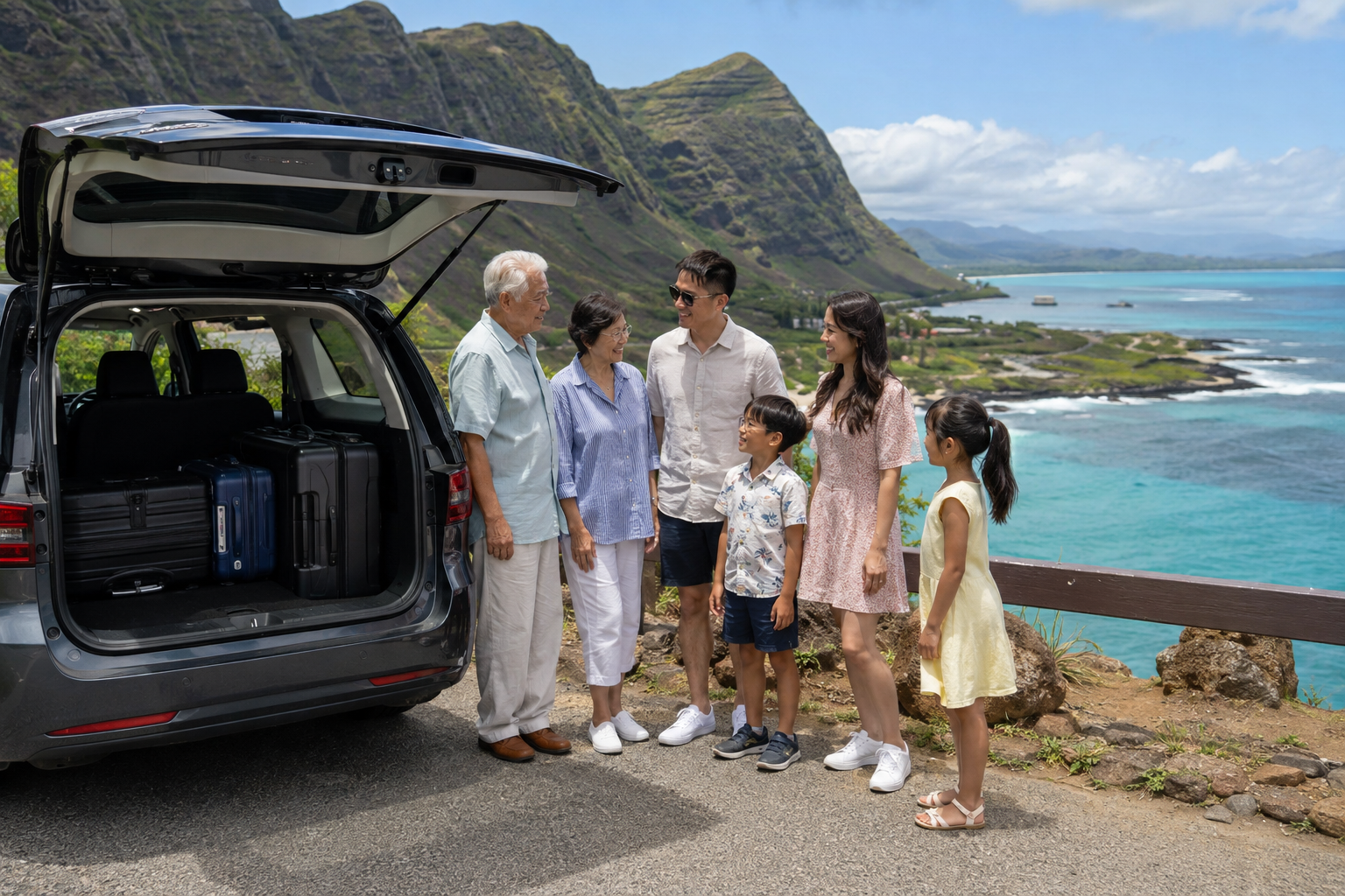 Multigenerational cruise family touring Southeast Oʻahu with luggage in the private vehicle