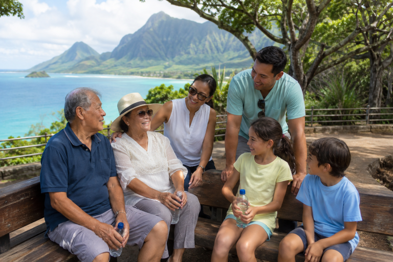 Grandparents resting in the shade with their family during a private Oʻahu tour