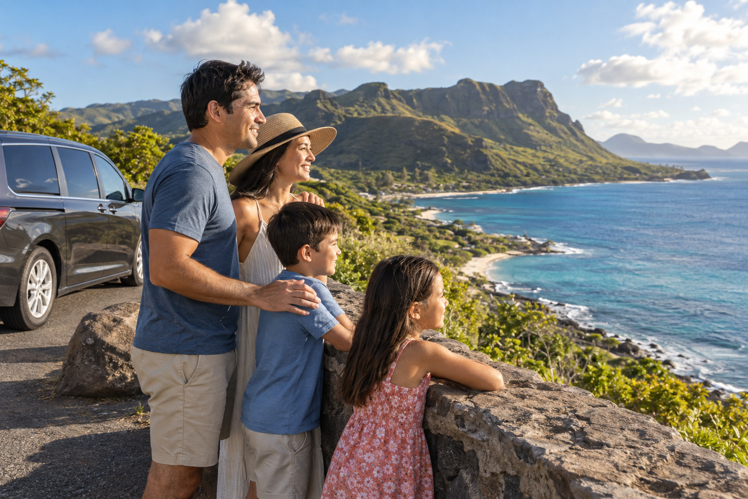 AI illustration of a family enjoying a final Oahu scenic stop before a late flight.