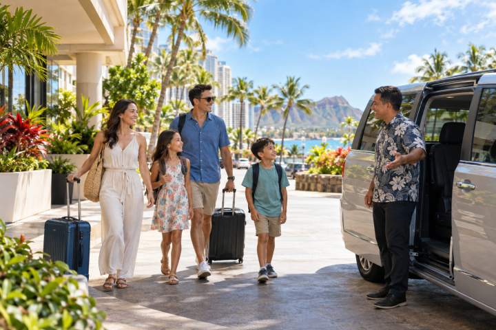 AI illustration of a family with luggage beginning a private Oahu tour after Waikiki hotel checkout.